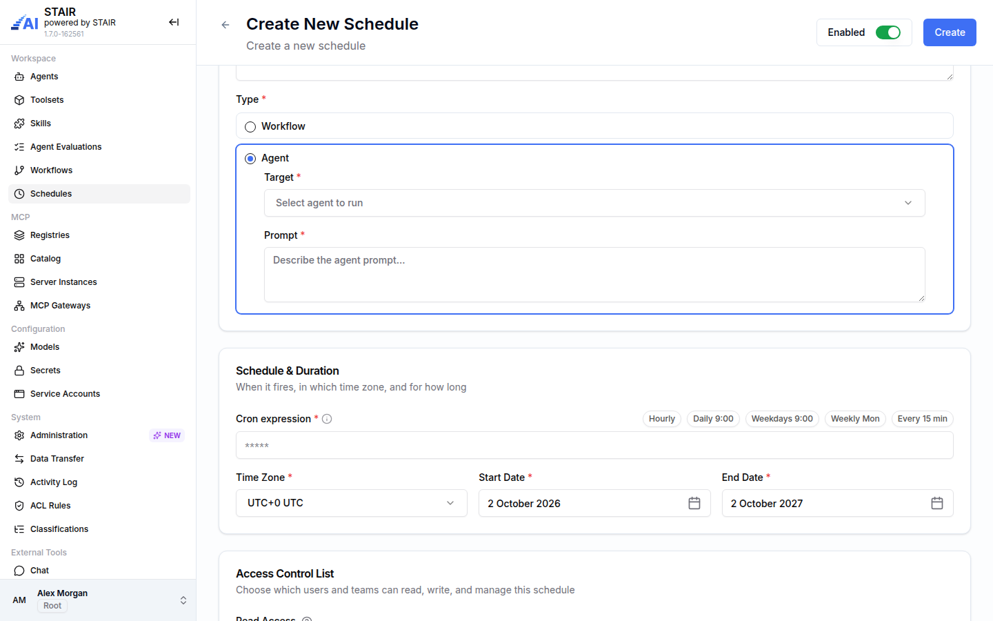 The Create New Schedule form with the Agent type selected, showing the Target and Prompt fields.