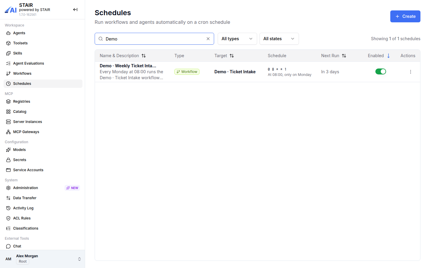 The Schedules list filtered to the Demo schedule with type, target, cron expression, next run and enabled switch.