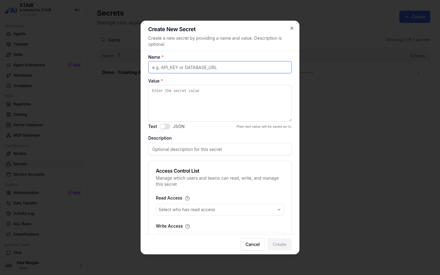 The Create New Secret dialog with Name, Value, the Text/JSON switch, Description and the Access Control List.