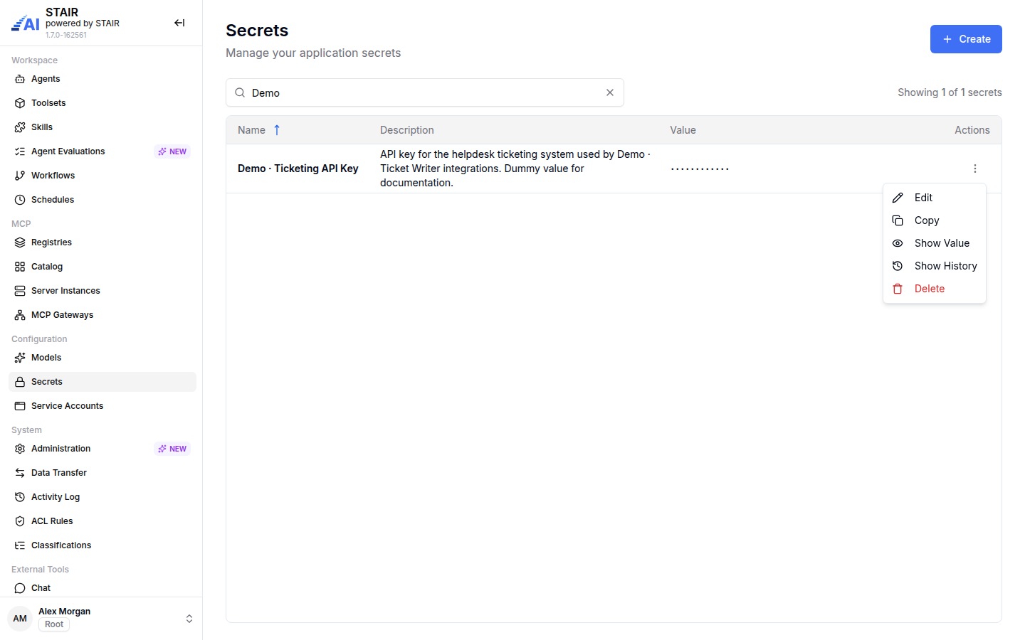 The Secrets list filtered to Demo, with the masked value of Demo · Ticketing API Key and its row menu open: Edit, Copy, Show Value, Show History and Delete.