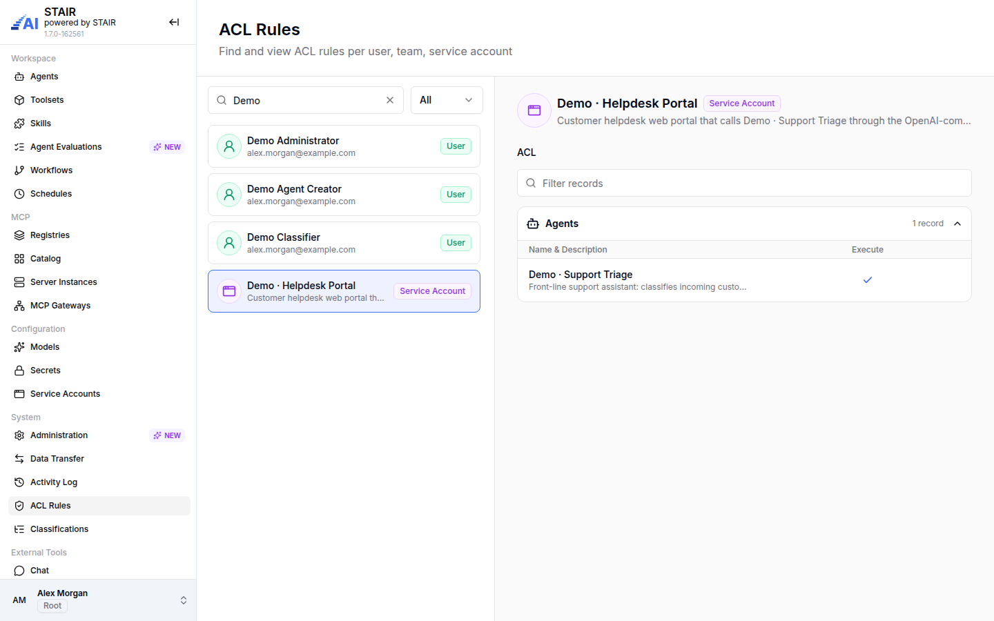 ACL Rules filtered to Demo, with the service account Demo · Helpdesk Portal selected and its Execute permission on the agent Demo · Support Triage.
