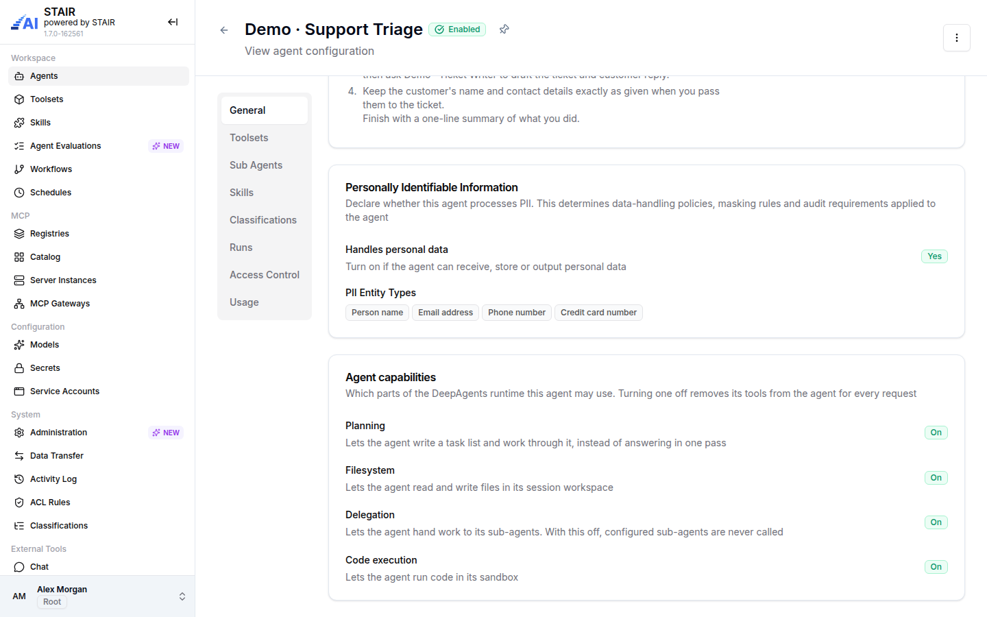 The Personally Identifiable Information section of the agent Demo · Support Triage, with Handles personal data set to Yes and four PII entity types.