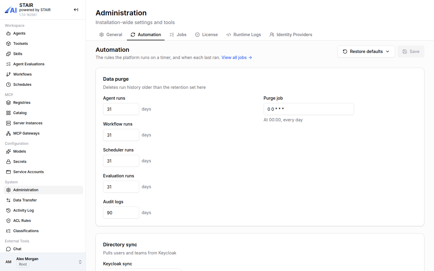The Automation tab of STAIR Administration with retention days for each run type and the purge job schedule.