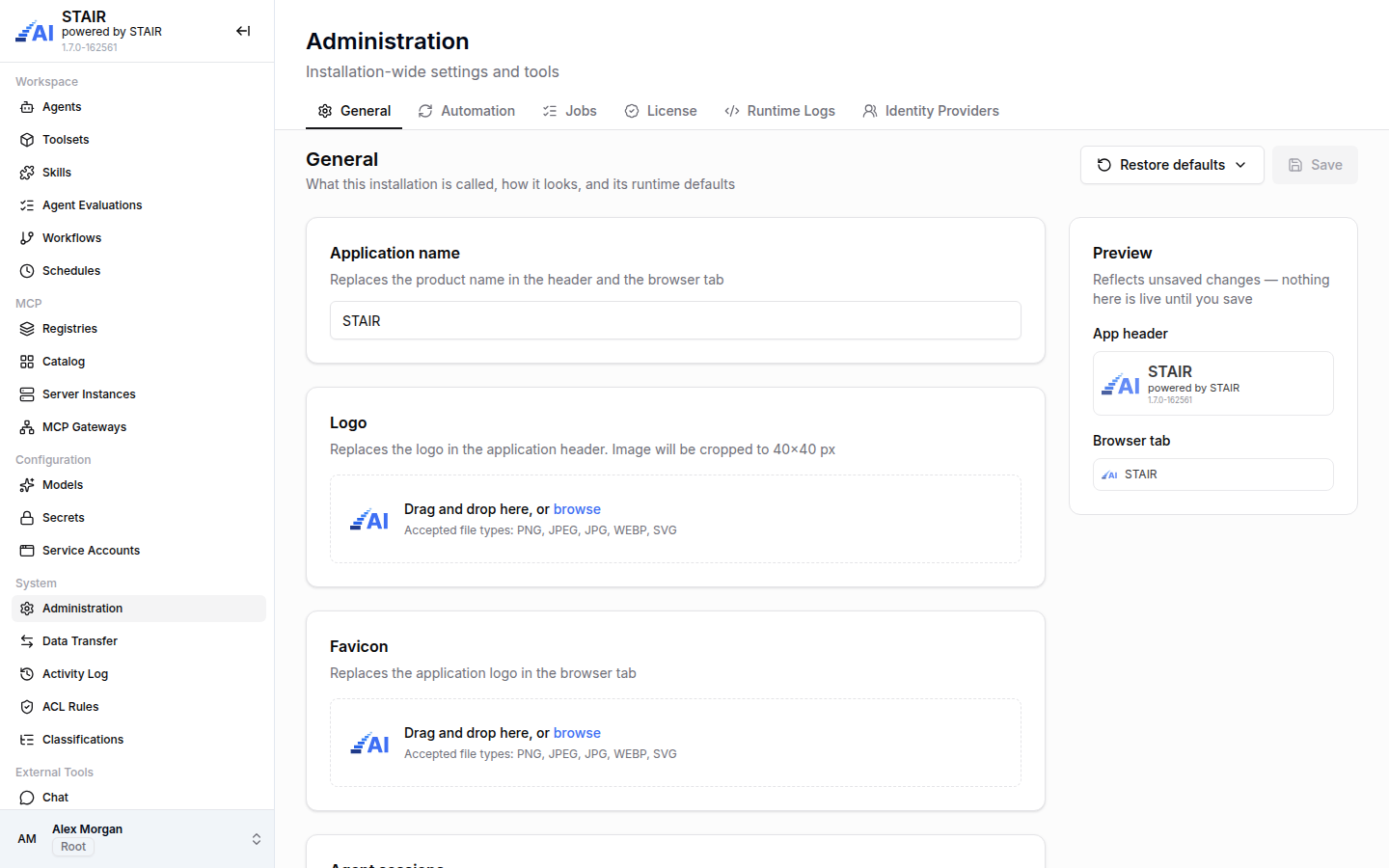 The General tab of STAIR Administration with the application name, logo, favicon and a live preview of the header and browser tab.