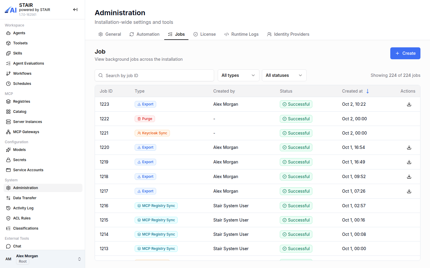The Jobs tab of STAIR Administration listing purge, Keycloak sync, export and MCP registry sync jobs with their status.