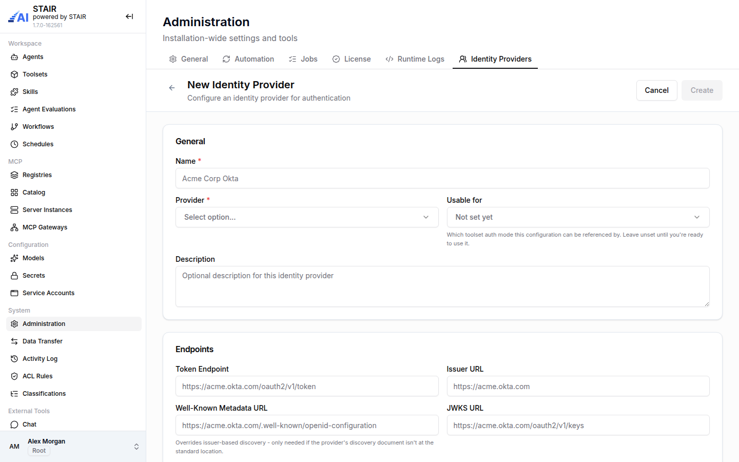 The New Identity Provider form in STAIR Administration with the General and Endpoints sections.