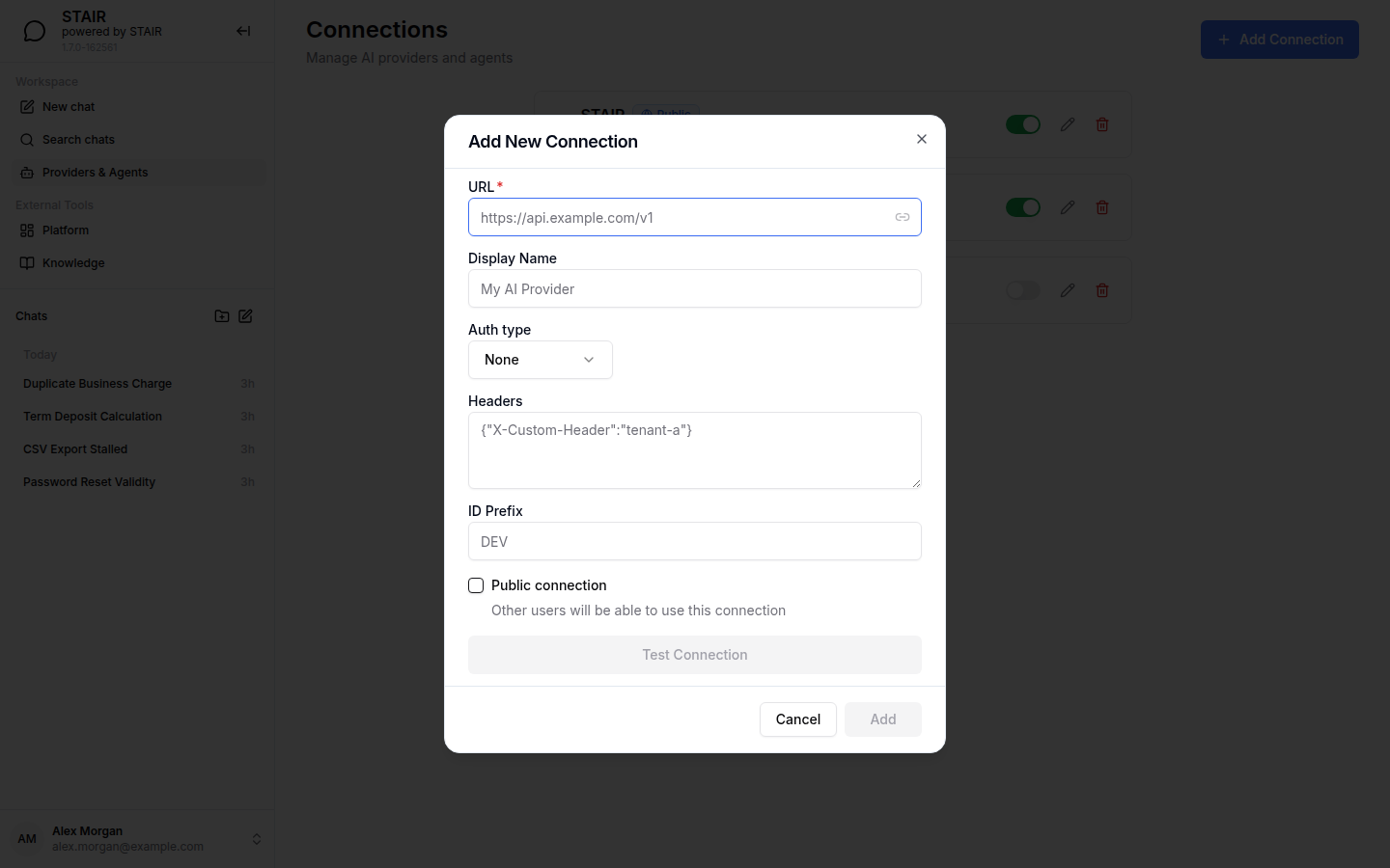 The Add New Connection dialog in STAIR Chat with URL, Display Name, Auth type, Headers, ID Prefix and Public connection.