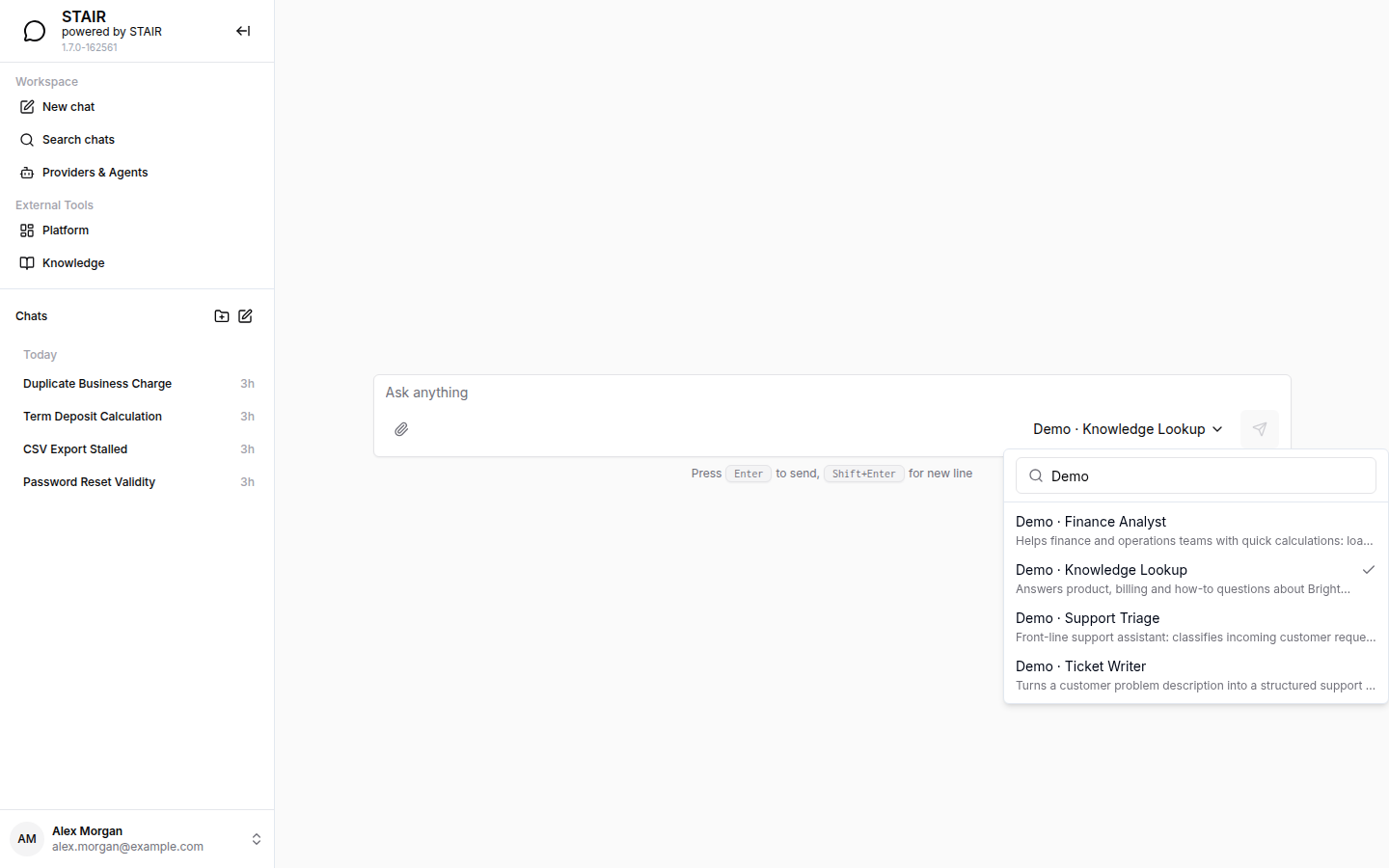 The STAIR Chat composer with the agent picker open and filtered to the Demo agents.