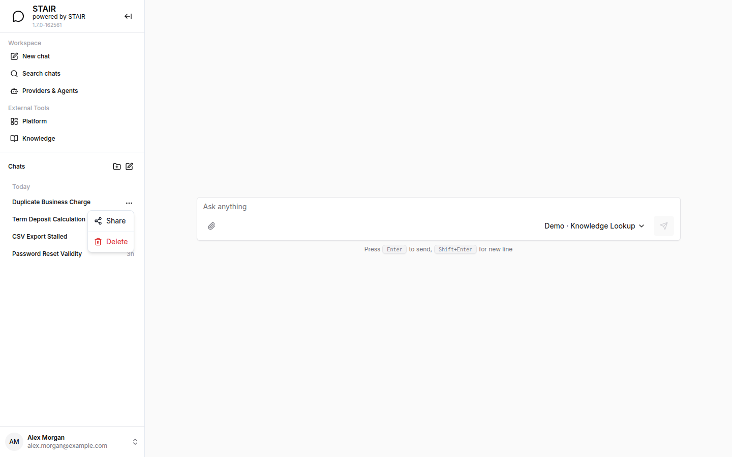The chat menu in the STAIR Chat sidebar with the Share and Delete actions.