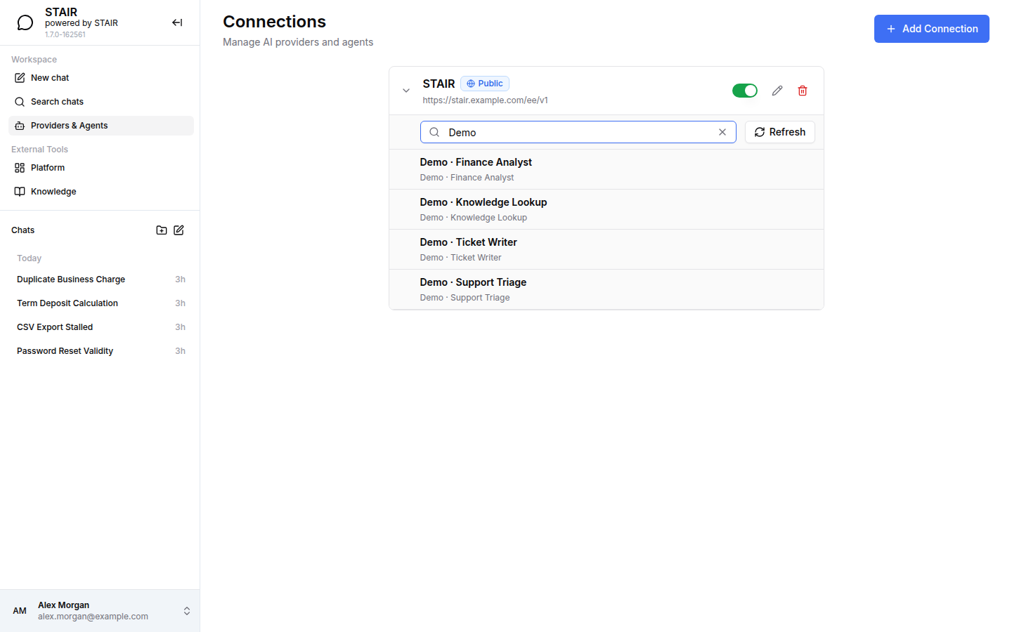 The Providers & Agents page in STAIR Chat with the STAIR connection expanded and its agent list filtered to Demo agents.