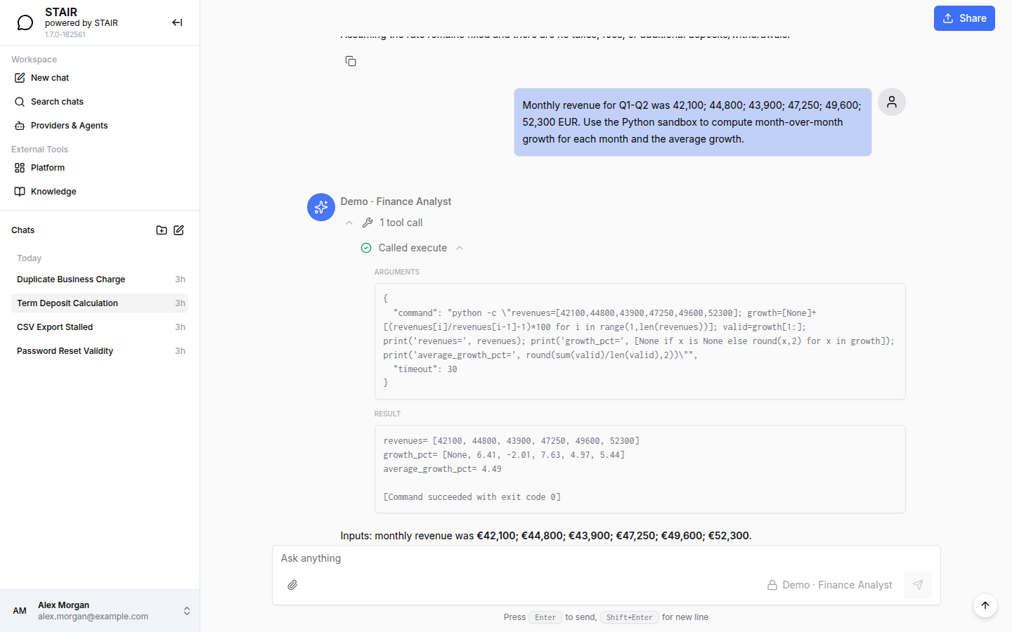 A STAIR Chat answer from Demo · Finance Analyst with an expanded tool call that shows its arguments and result.