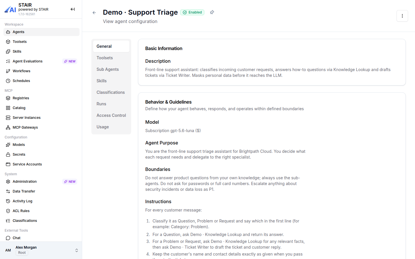 The STAIR Console with the full sidebar on the left and the Demo · Support Triage agent open on its General tab.