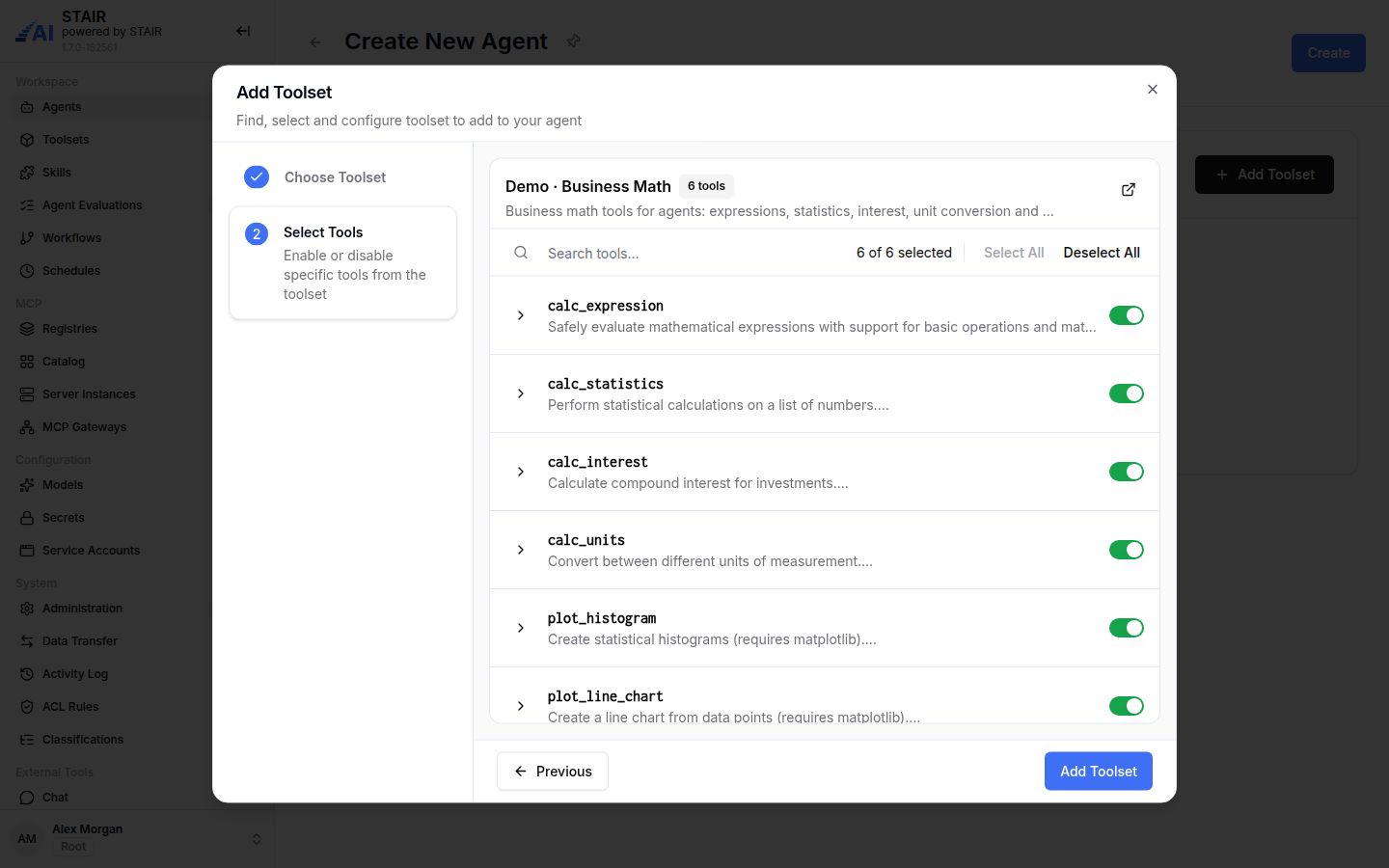 Step 2 of the Add Toolset wizard with the tools of Demo · Business Math and their switches.