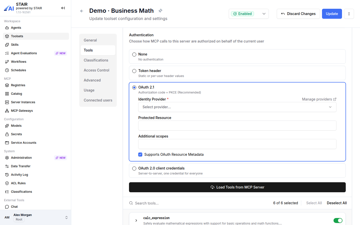 The OAuth 2.1 mode with Identity Provider, Protected Resource, Additional scopes and Supports OAuth Resource Metadata.