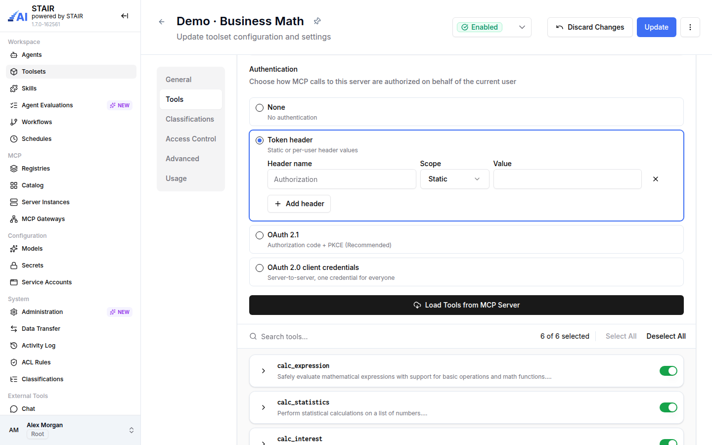 The Token header mode with Header name, Scope and Value fields and the Add header button.