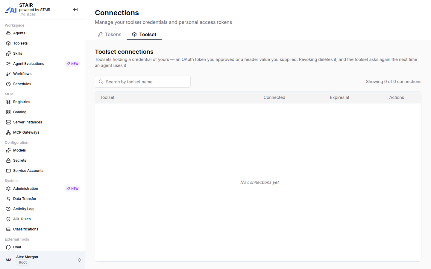 The Toolset tab of the Connections page, where users see and revoke their stored toolset credentials.