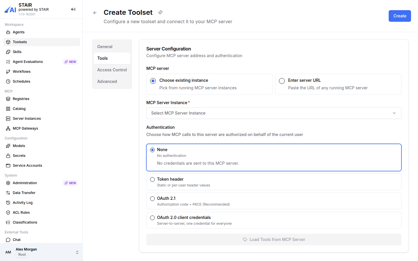 The Tools tab of the Create Toolset form with the MCP server choice, the four authentication modes and Load Tools from MCP Server.