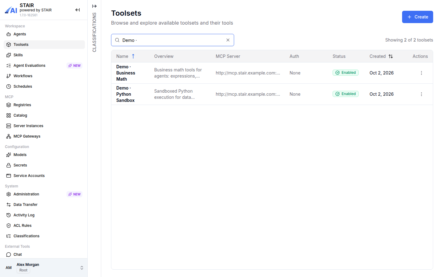The Toolsets list filtered to the demo toolsets Demo · Business Math and Demo · Python Sandbox.