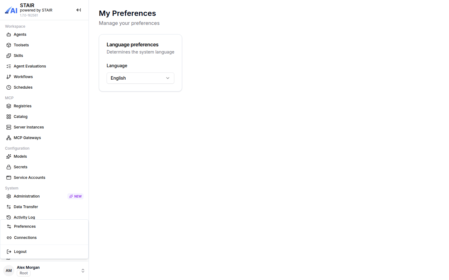 The user menu at the bottom of the STAIR Console sidebar with Preferences, Connections and Logout.