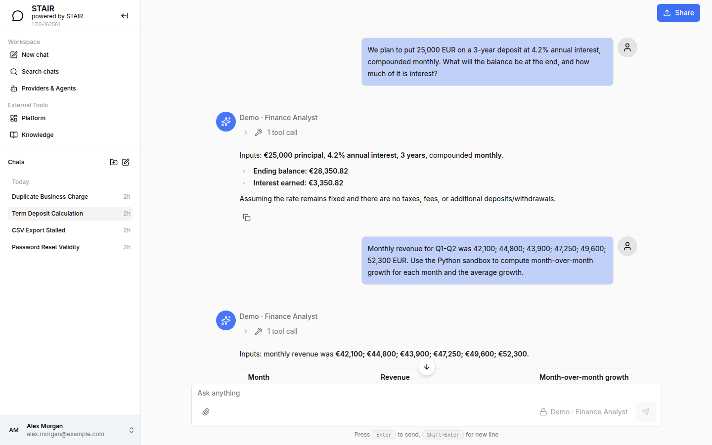 STAIR Chat showing a demo conversation in which the Demo · Finance Analyst agent calculates deposit interest with one tool call.