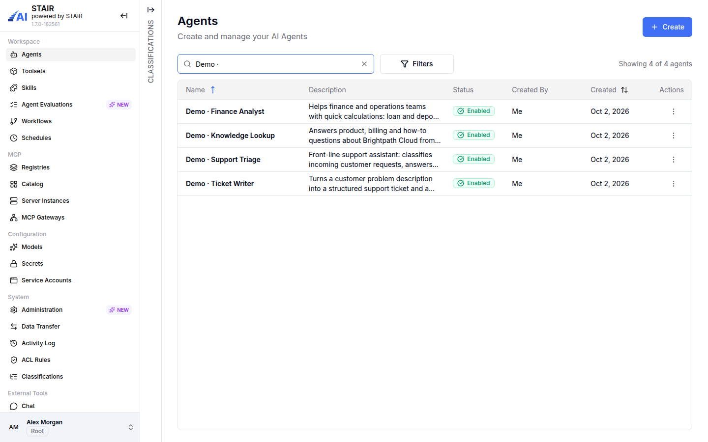 The Agents list in the STAIR Console, filtered to four demo agents, all enabled.